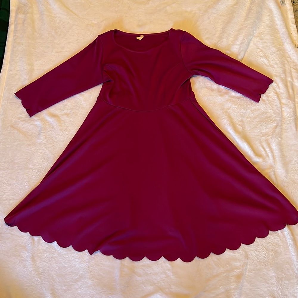 Pink Blush Magenta Maternity Midi Dress with scalloped detailing